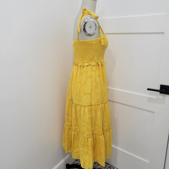 Lulus Float to Love Yellow Jacquard Smocked Tie- Strap Midi Dress Size M - Picture 5 of 11